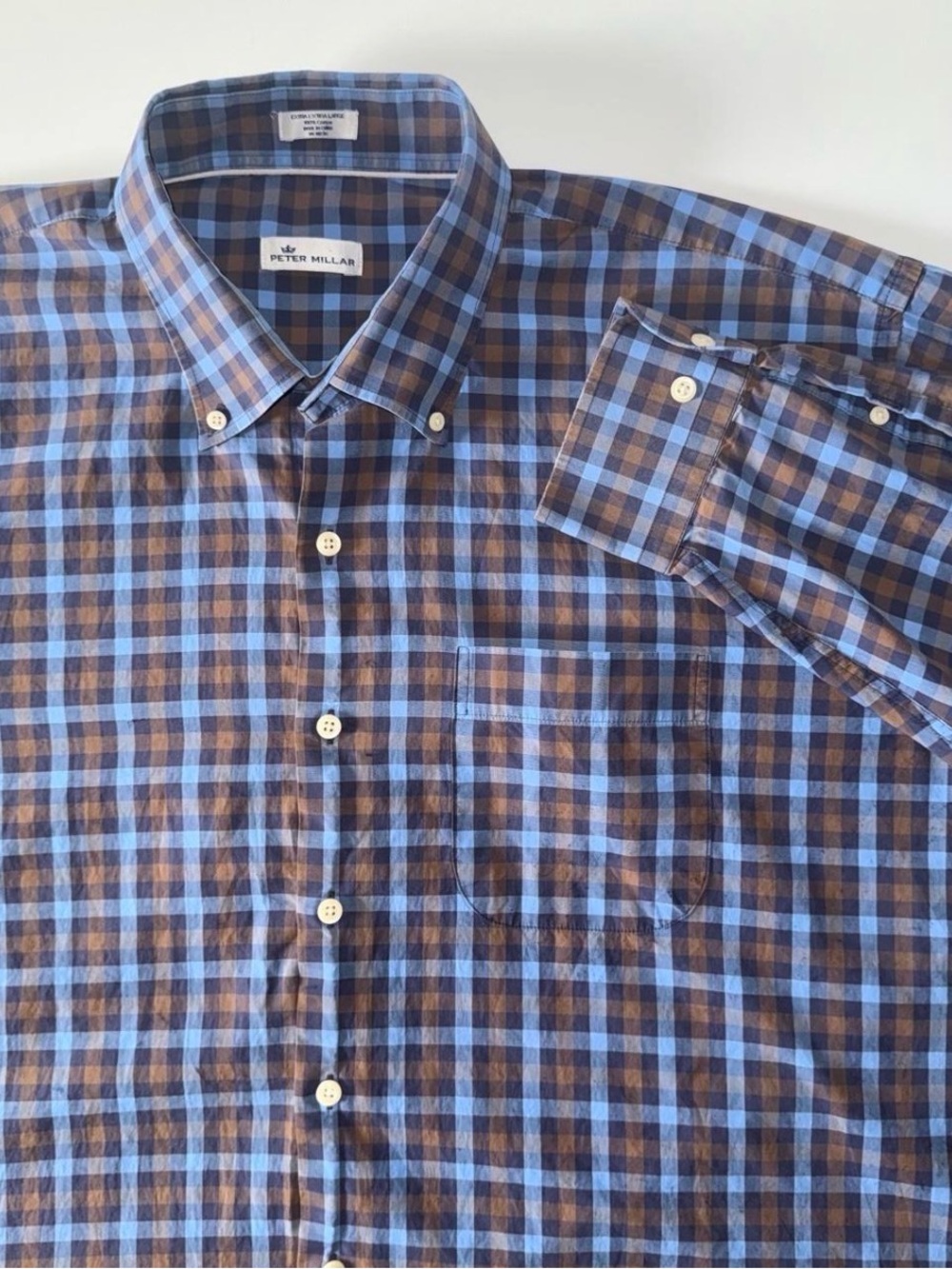 Peter Millar Button Down Shirt Men’s XXL Blue Brown Plaid 100% Cotton